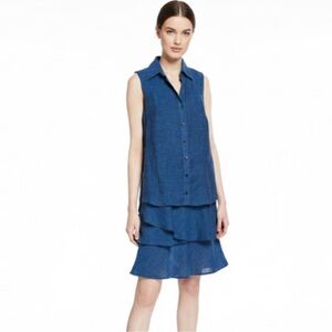 Finley Jasmine Dress Tiered Ruffled Washed Linen Blue Sleeveless Shirtdress Sm